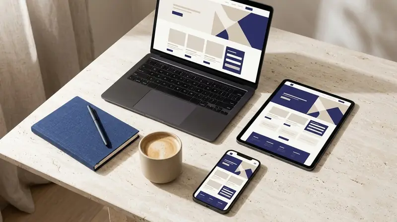 A website displayed across laptop, tablet and phone on a desk