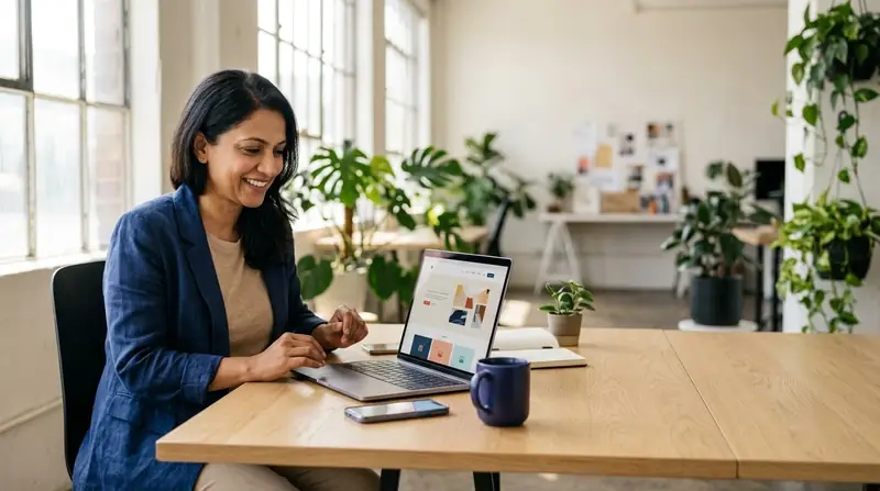 Accountant at her desk reviewing her firm's website on a laptop