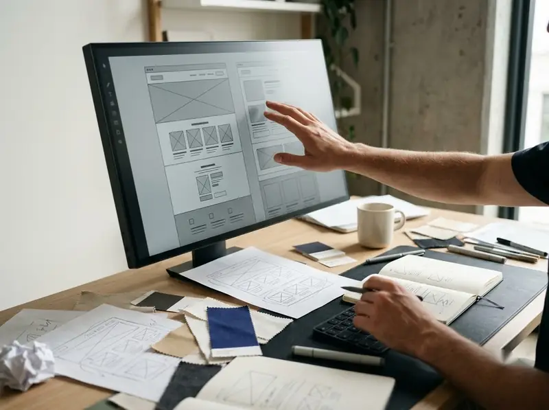 Architect arranging design layouts on a large monitor in a studio