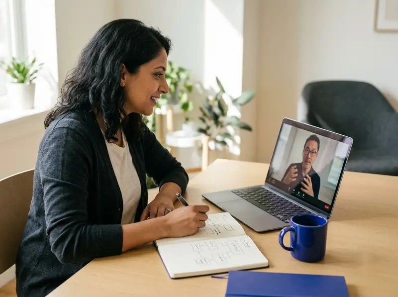 Business coach on a video call with a client, taking notes at her desk