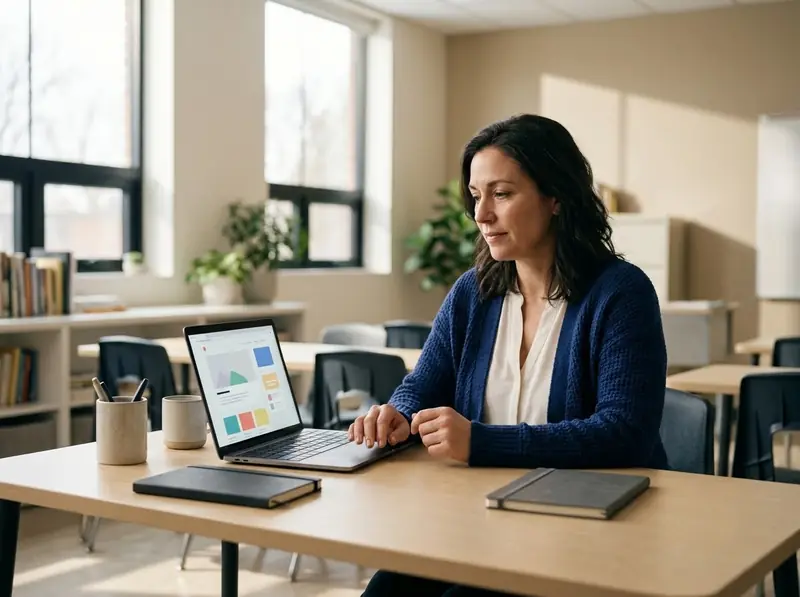 Education administrator in a bright classroom office working on a school website