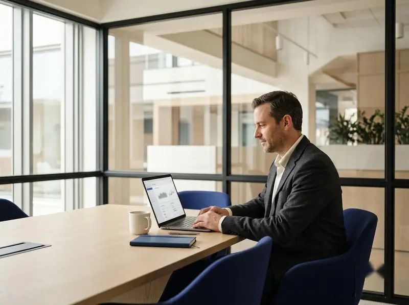 Financial adviser in a glass-walled meeting room reviewing a website on a laptop
