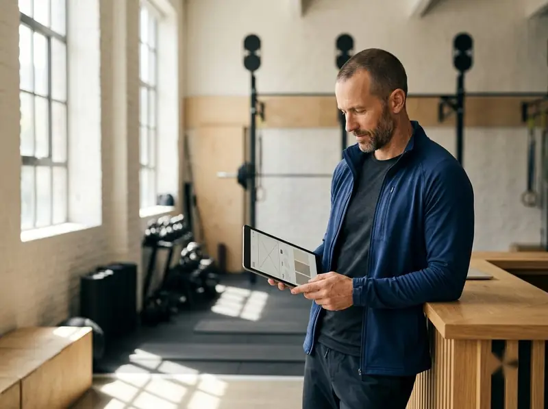 Gym owner in a modern training studio checking the gym website on a tablet