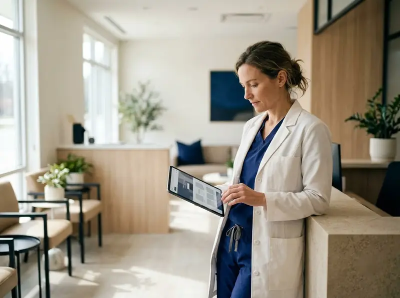 Doctor in a bright clinic reception checking the clinic website on a tablet