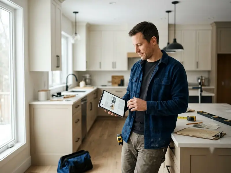 Contractor in a renovated kitchen showing a project website on a tablet