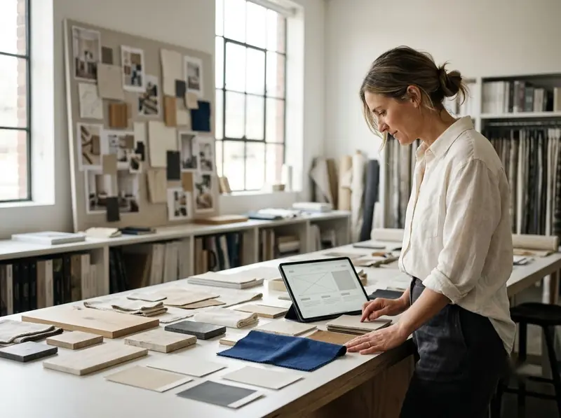Interior designer with fabric samples and a mood board reviewing a portfolio website