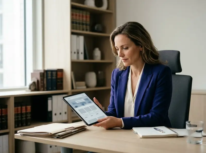 Lawyer in a modern law office reviewing a law firm website on a tablet