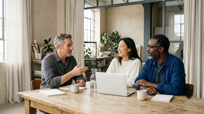 Nonprofit team members meeting around a table to plan their website