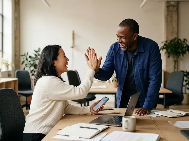 Real estate agent celebrating a successful listing with a colleague in an office