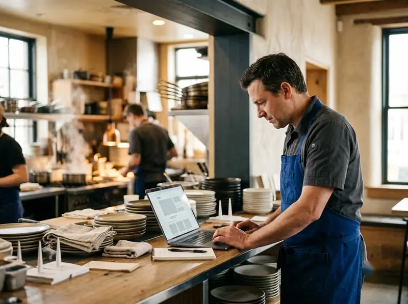 Chef and restaurant owner checking the restaurant website on a laptop at the pass