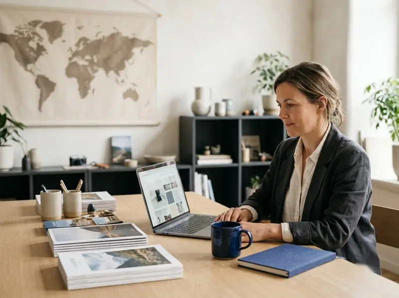 Travel agent with brochures and a world map planning trips on a laptop