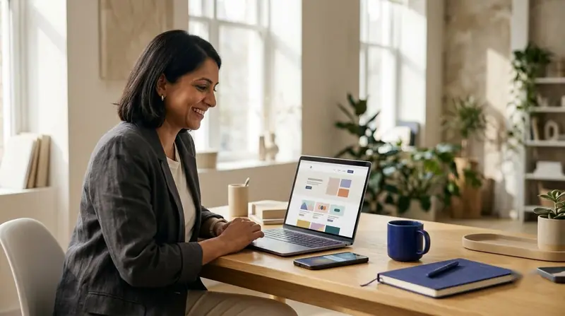 Small business owner smiling at her new website on a laptop in a bright office
