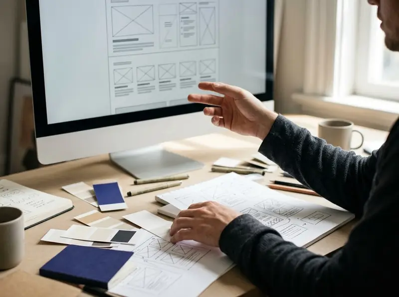 Designer arranging website wireframes on a large screen