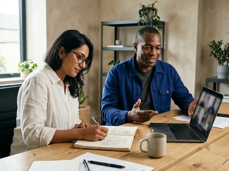 Video call between a client and a web strategist taking notes