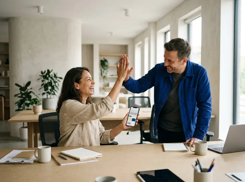 Business owner celebrating her new website with a colleague