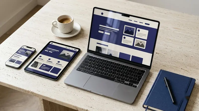 A responsive website shown on a laptop, tablet and phone on a stone desk